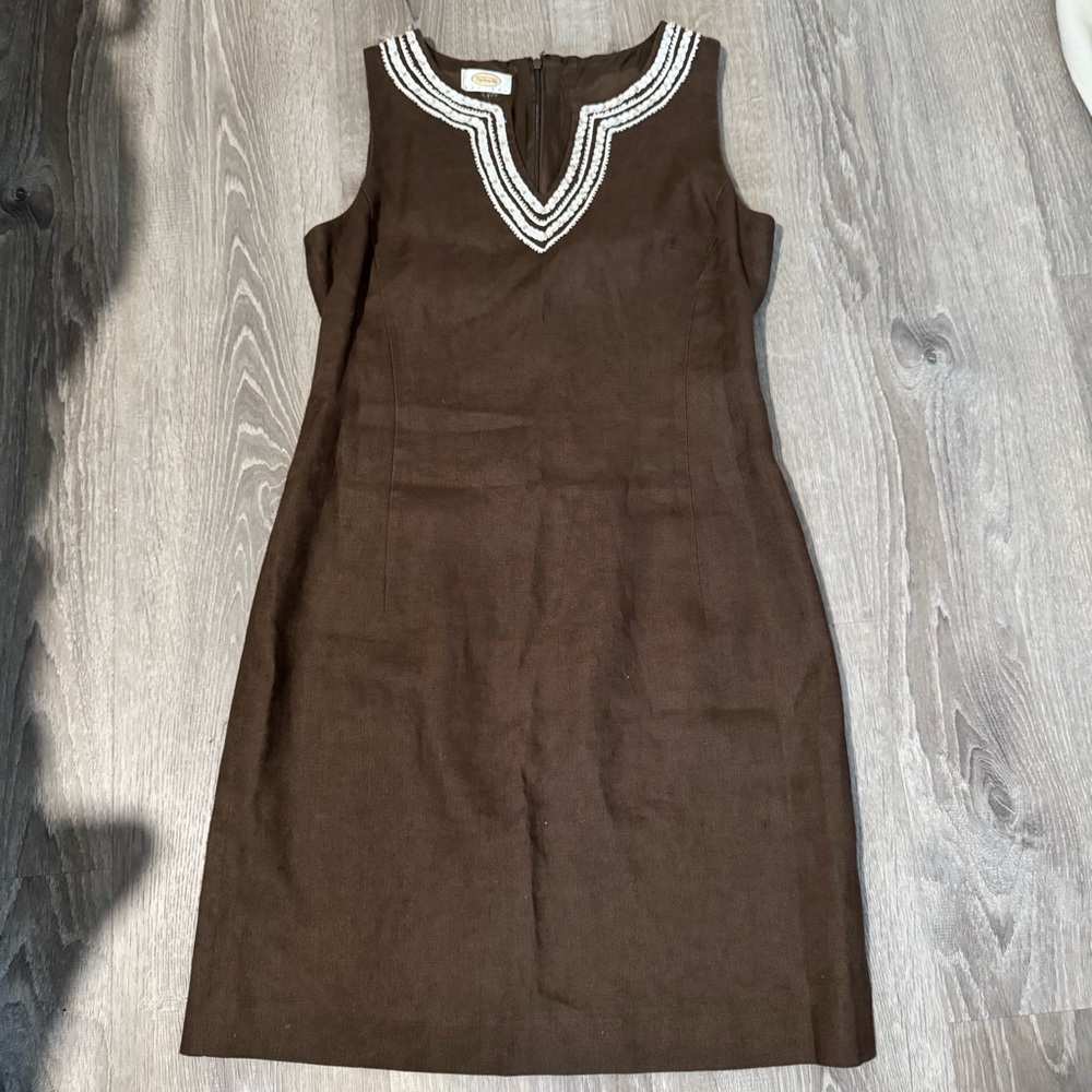 Talbots 100% Linen Sleeveless Brown Dress with Embroidered Neckline